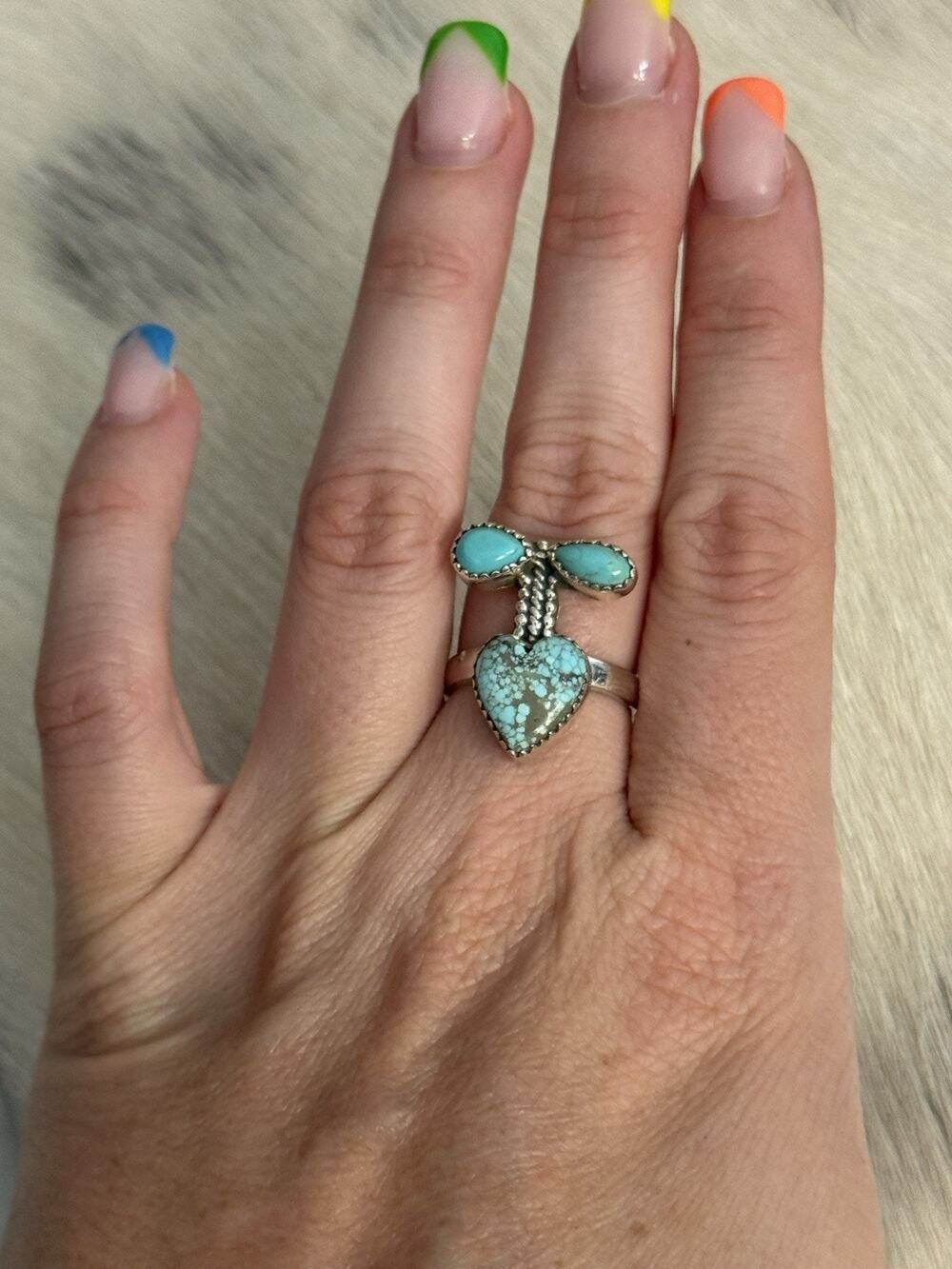 Sterling Silver Blue Number 8 Turquoise Cherry Heart 3 Stone Ring Adjustable
